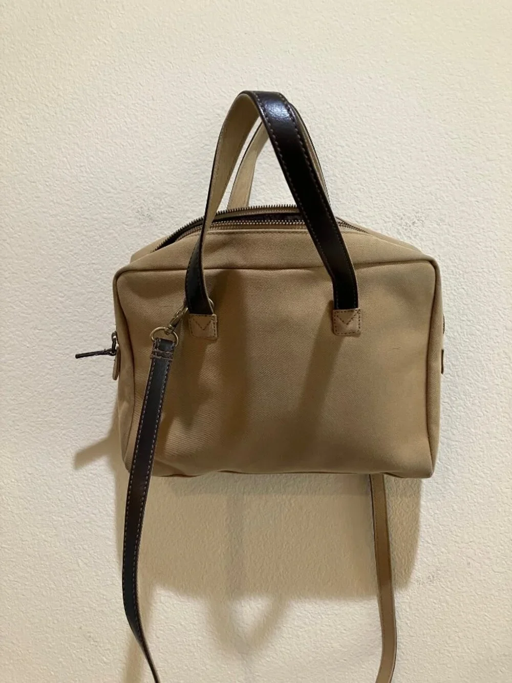 Lauren Ralph Lauren Vintage Canvas Leather Shoulder Satchel Tote Bag Beige Brown